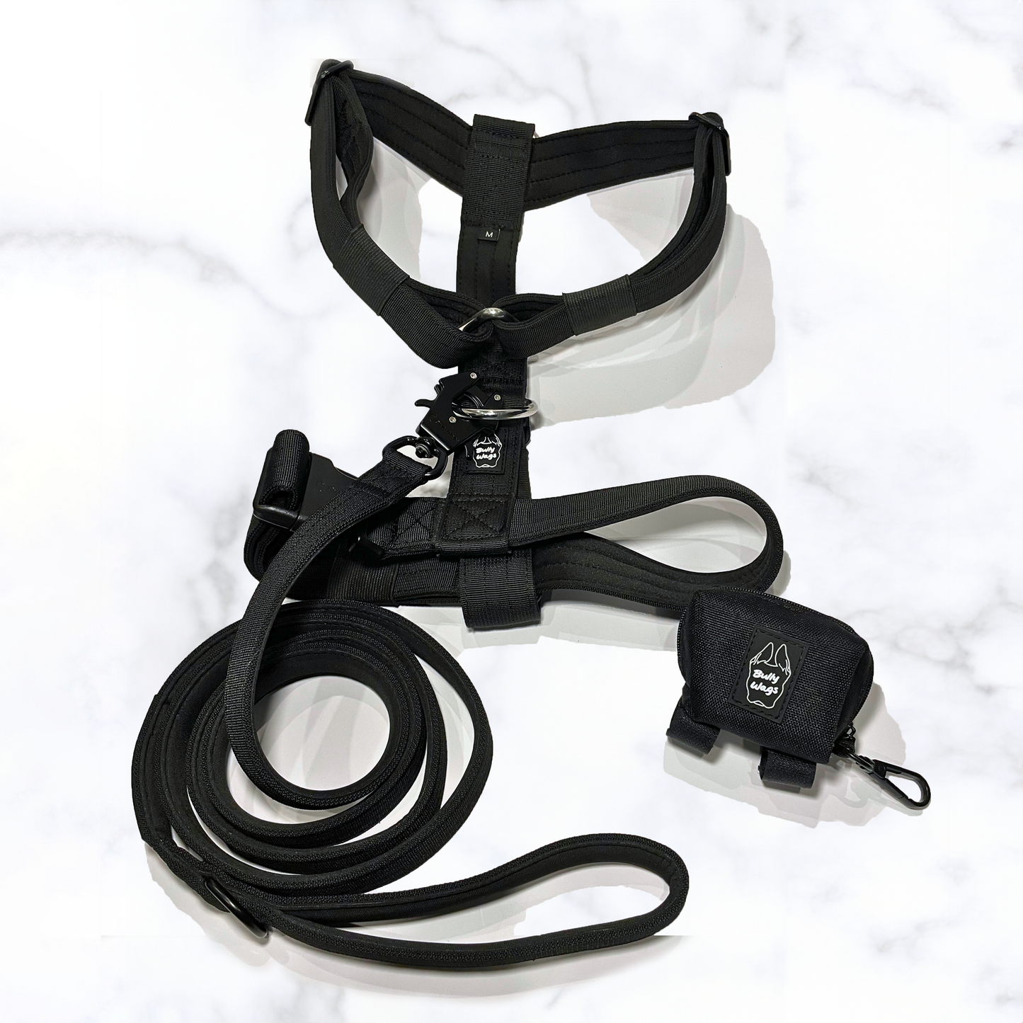 Y-Strap Harness, Leash, & Waste Bag Dispenser Set dog harness & leash from Floof Pet Products on a neutral background