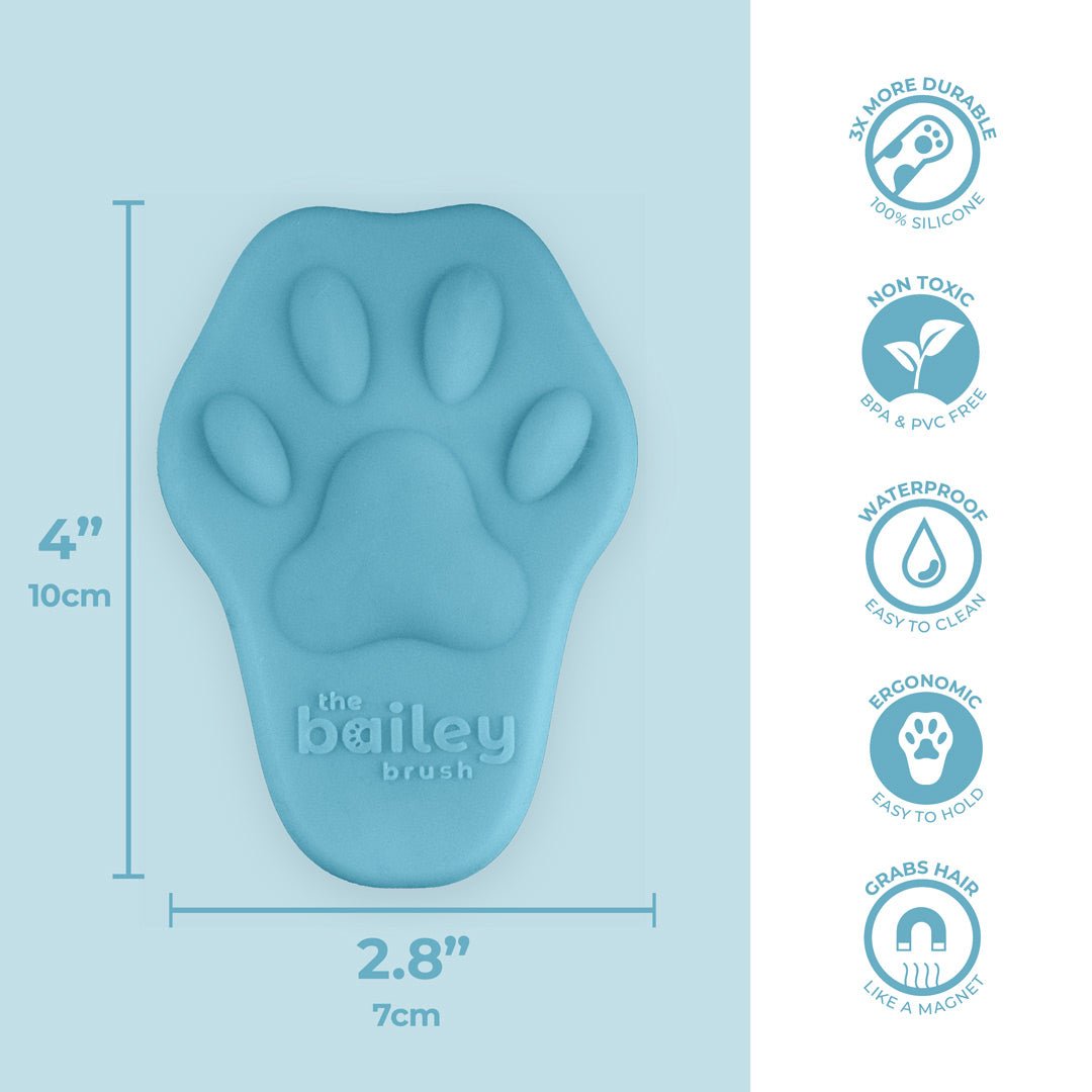 Blue paw-shaped brush with dimensions and features on a light blue background