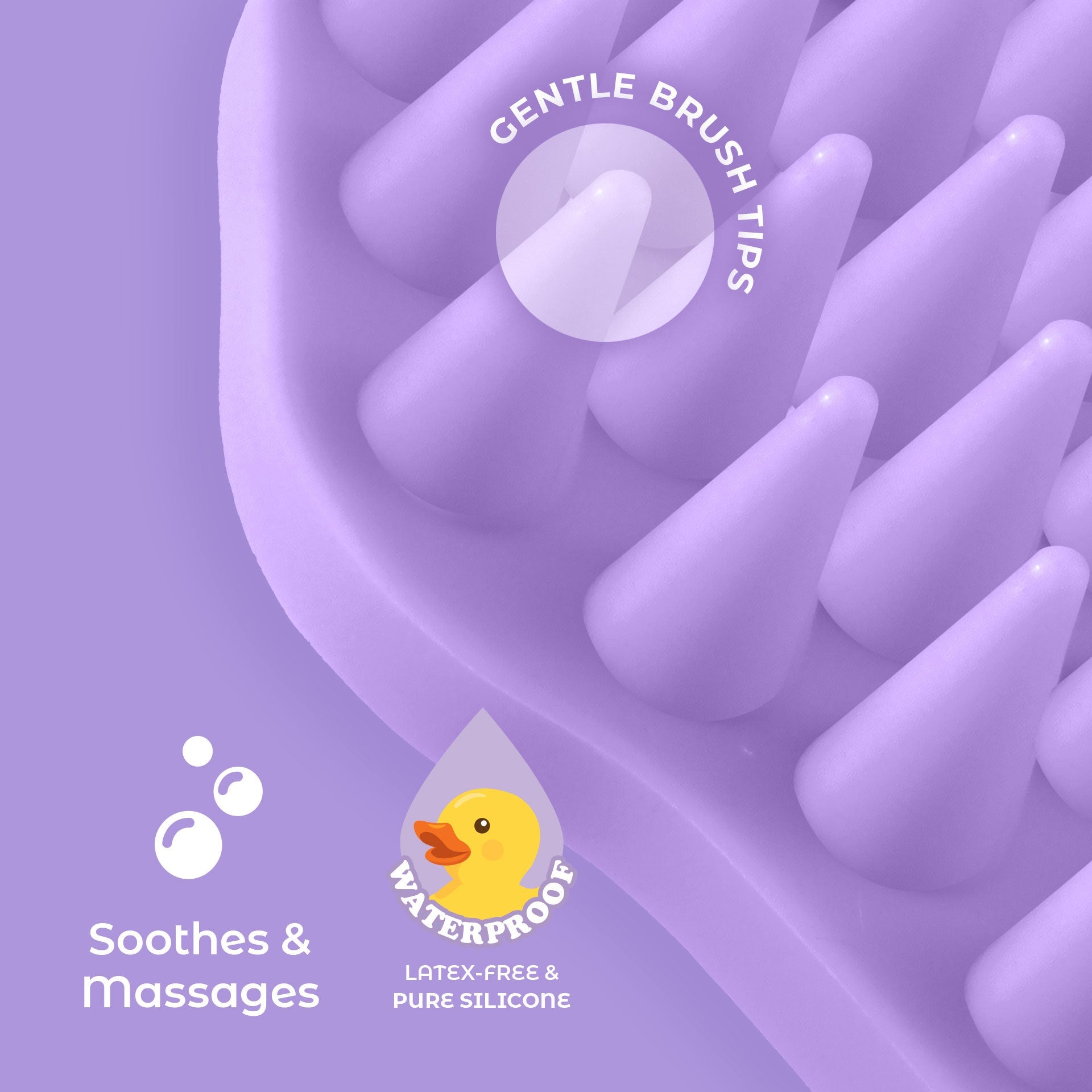 Purple silicone brush with text highlighting features on a purple background