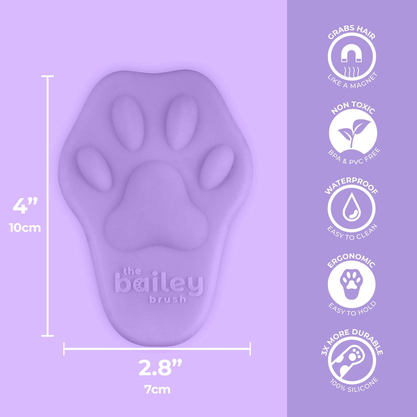 Purple paw-shaped brush with dimensions and features on a purple background