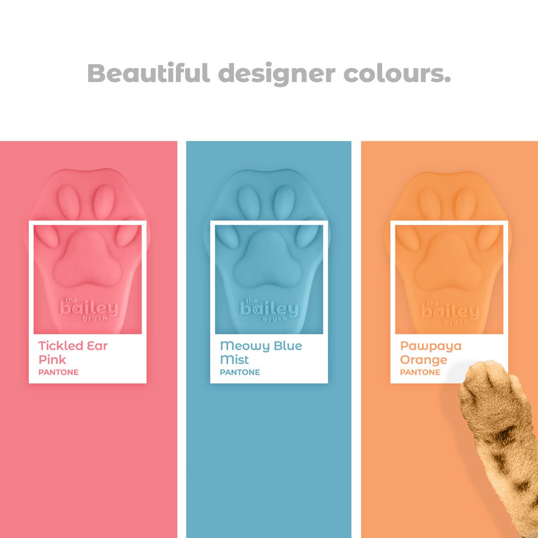 Three color swatches labeled 'Tickled Ear Pink', 'Meowy Blue Mist', and 'Pawpaya Orange' with a paw print and brand name on a white background.