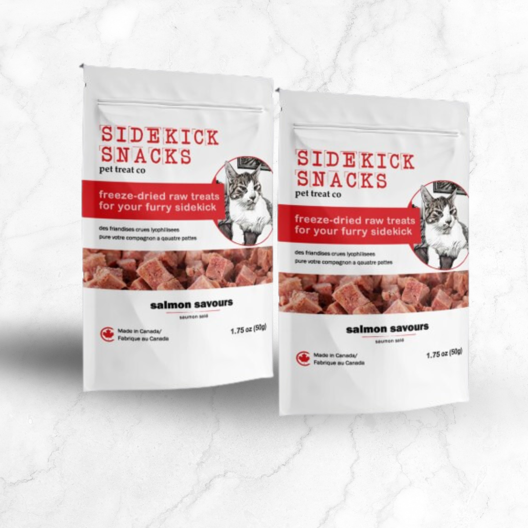 Two packages of Sidekick Snacks pet treat co freeze-dried raw treats on a white background
