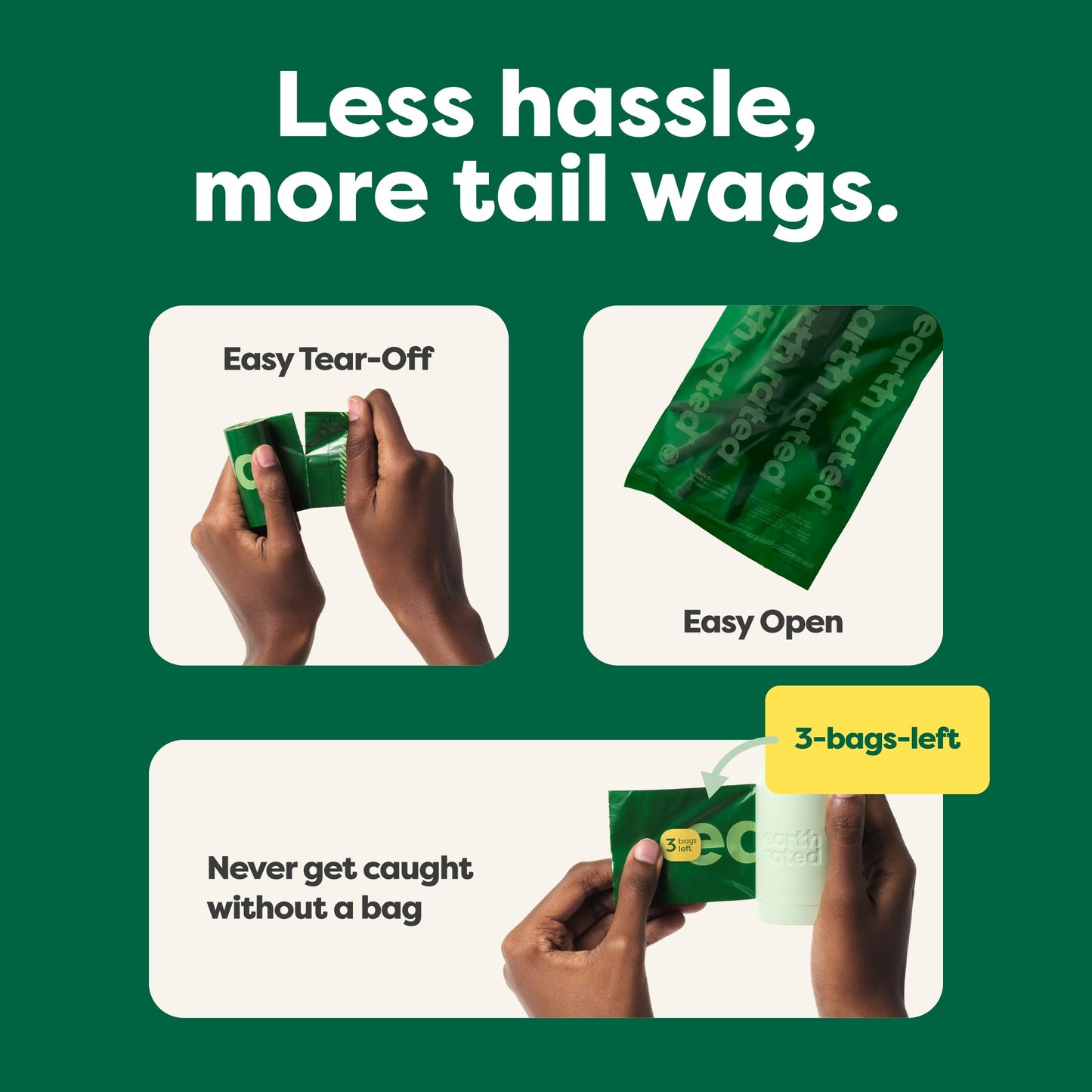 graphic demontstrating the benefits of the Earth Rated easy tear off bags, easy open, and end of roll indicator.