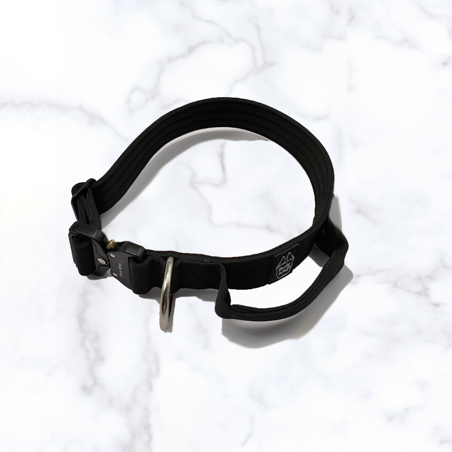 Three tactical dog collars with handles, displayed in black.