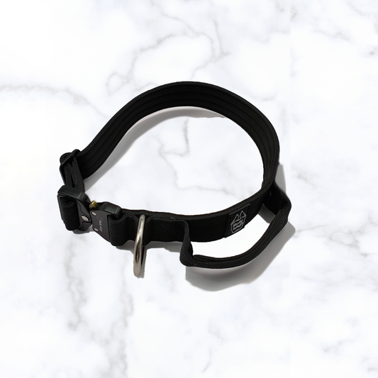 Three tactical dog collars with handles, displayed in black.