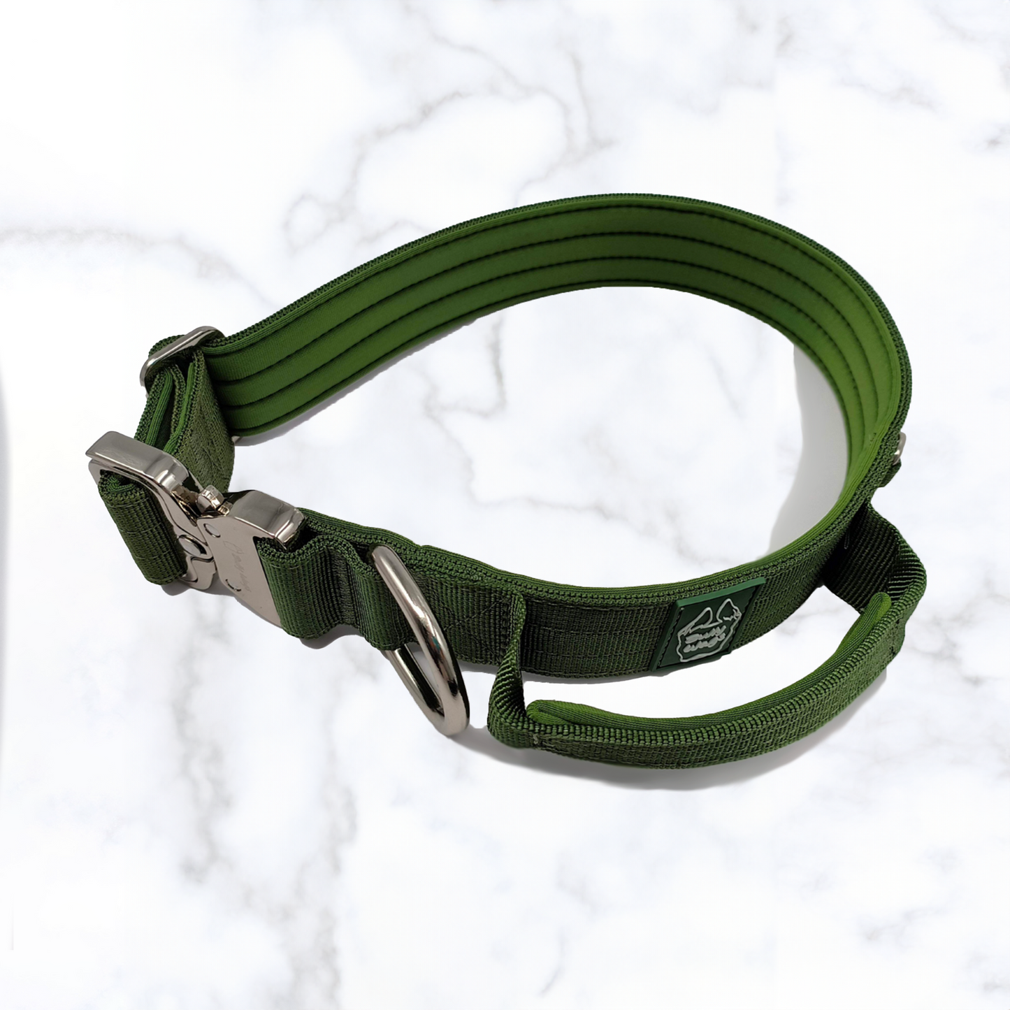Three tactical dog collars with handles displayed in green