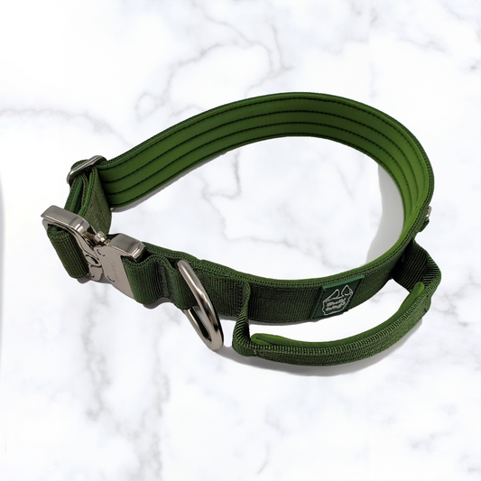 Three tactical dog collars with handles displayed in green