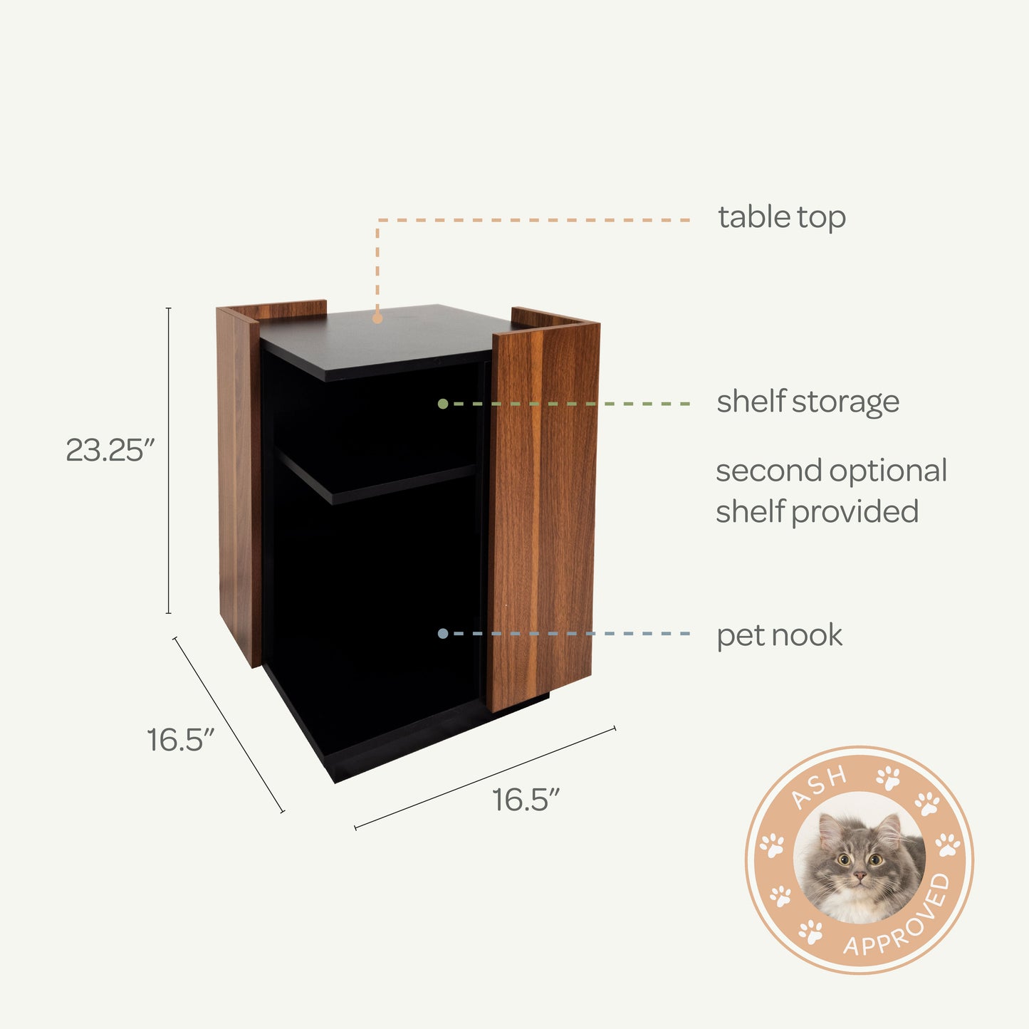 Dimensions and features of a wooden pet furniture piece with a cat approval badge.