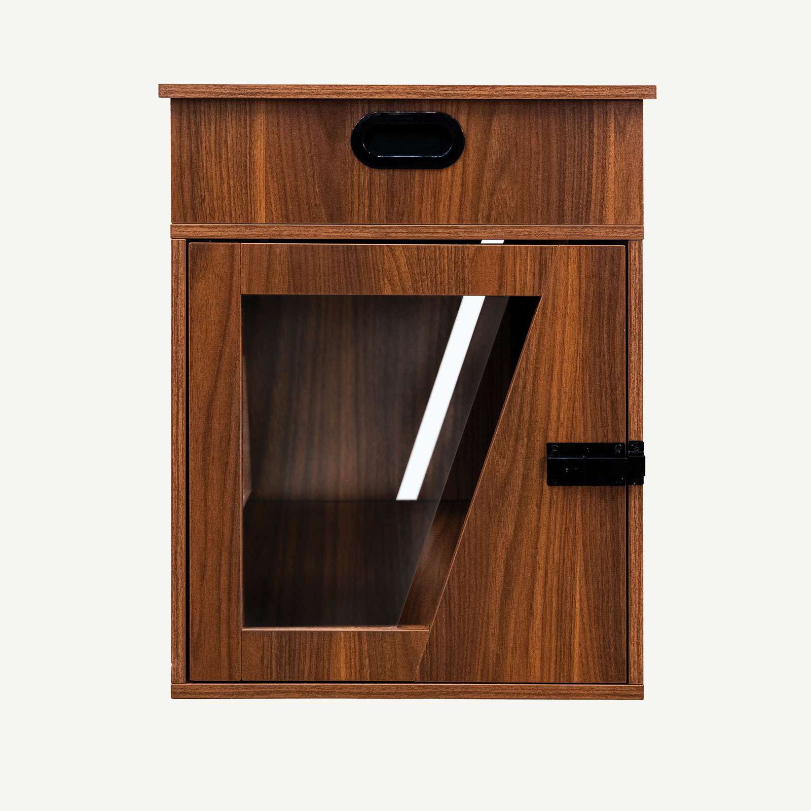 Wooden pet door with glass panel on a white background