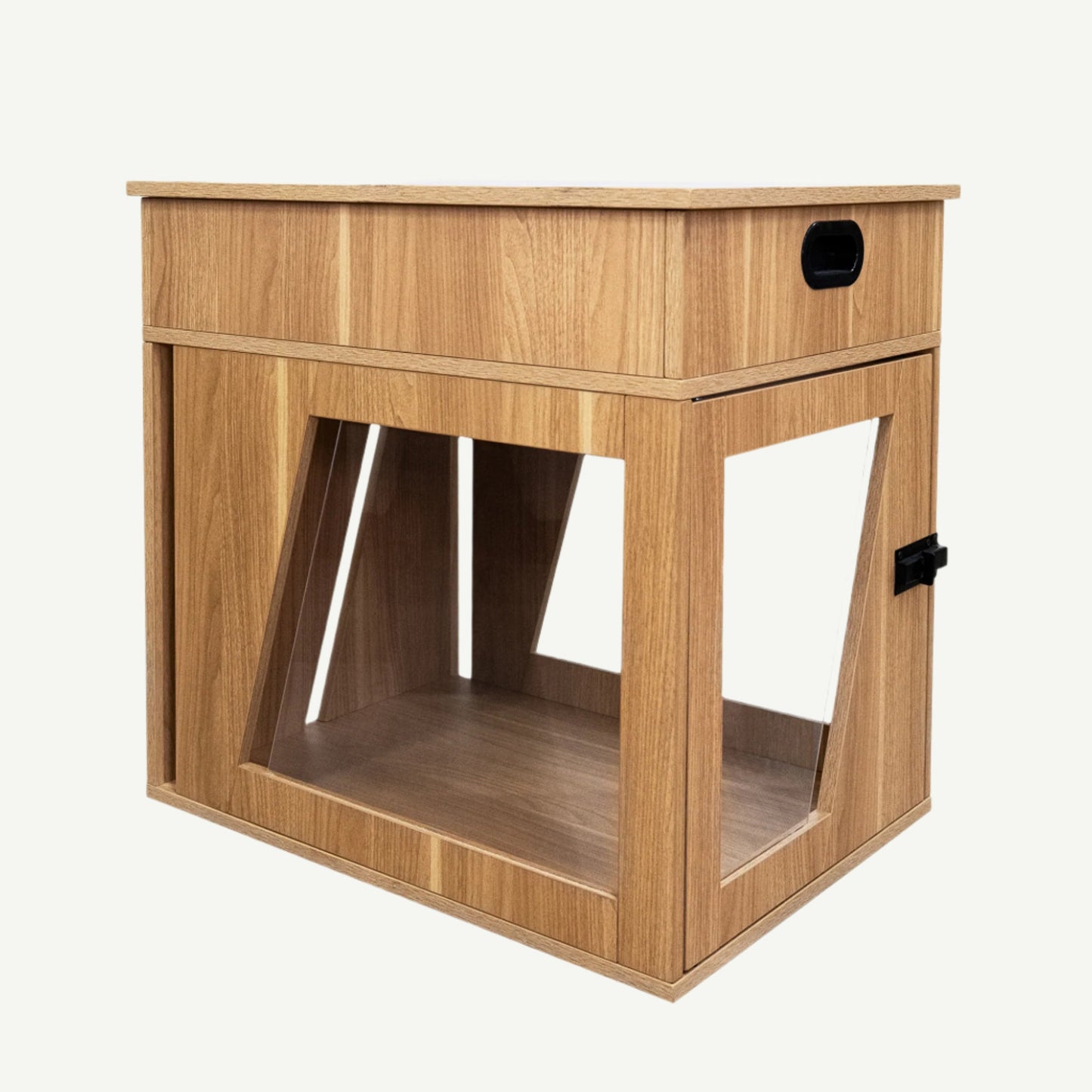 Wooden pet crate with transparent front on a white background