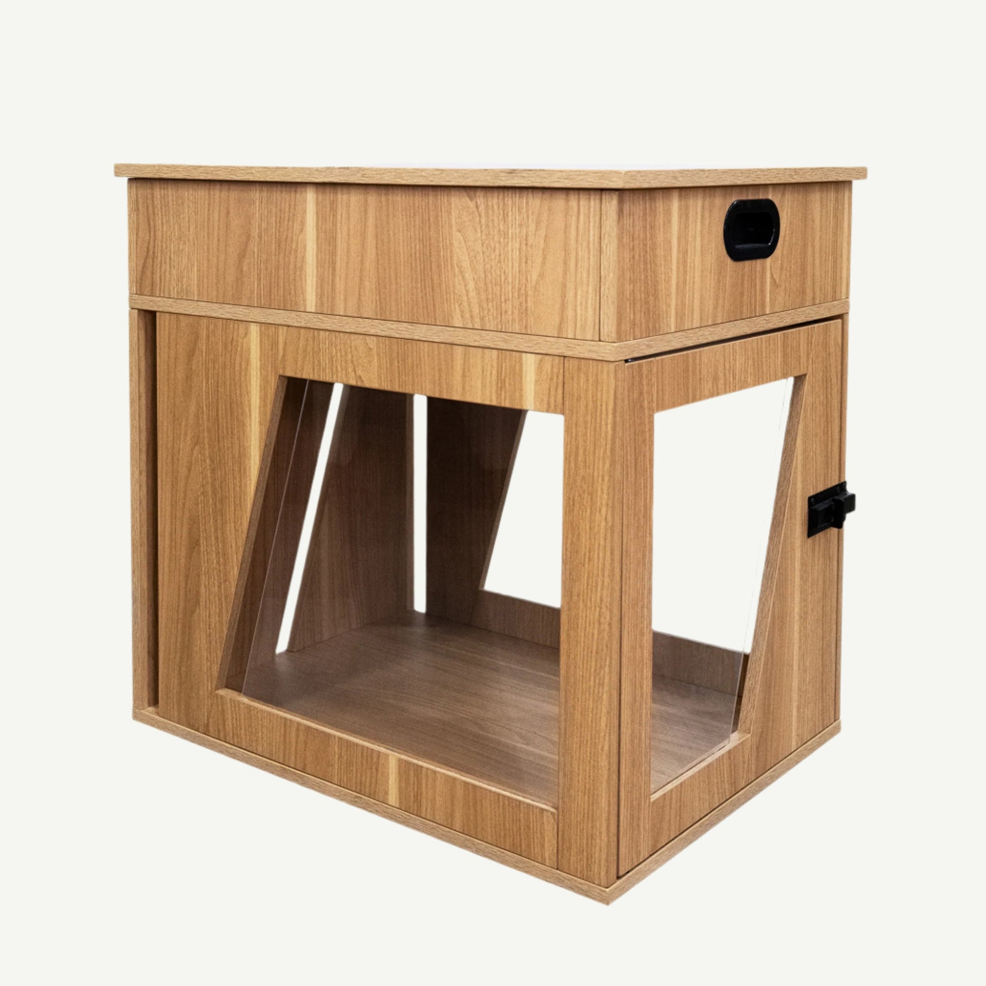 Wooden pet crate with transparent front on a white background