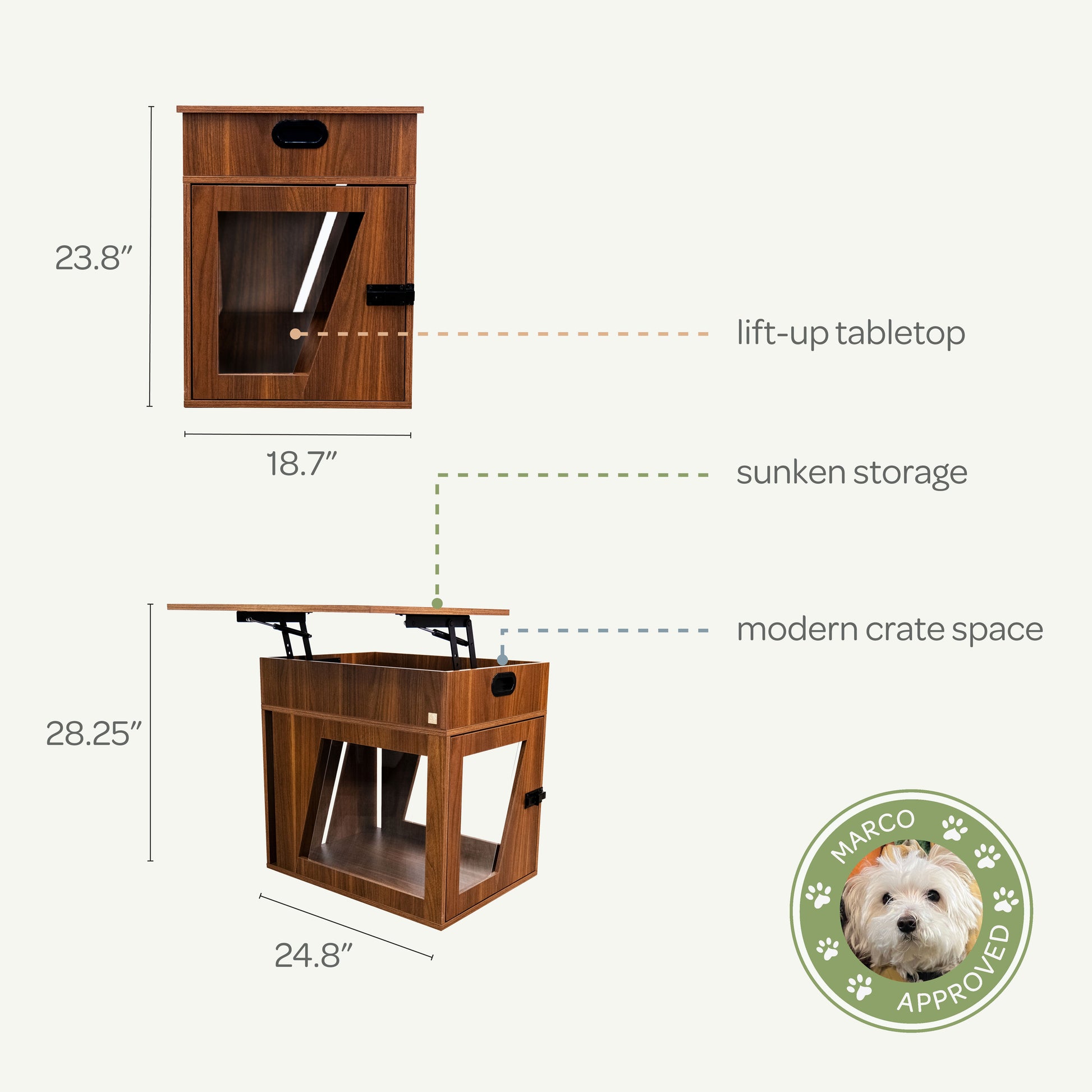 Wooden pet crate with lift-up tabletop, dimensions labeled, and Marco Approved badge.