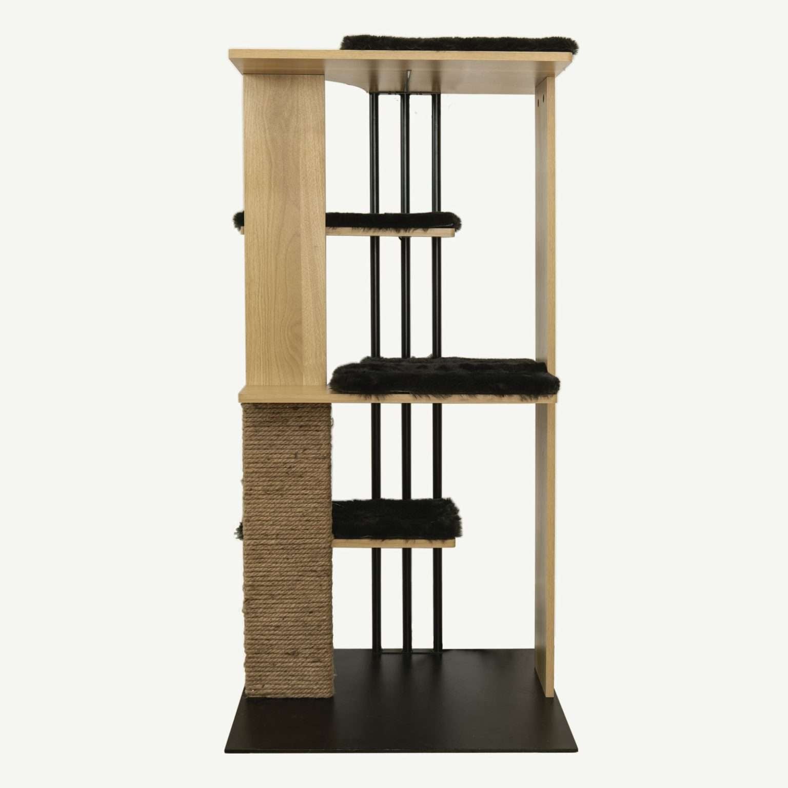 Cat tree with multiple levels and a scratching post on a white background