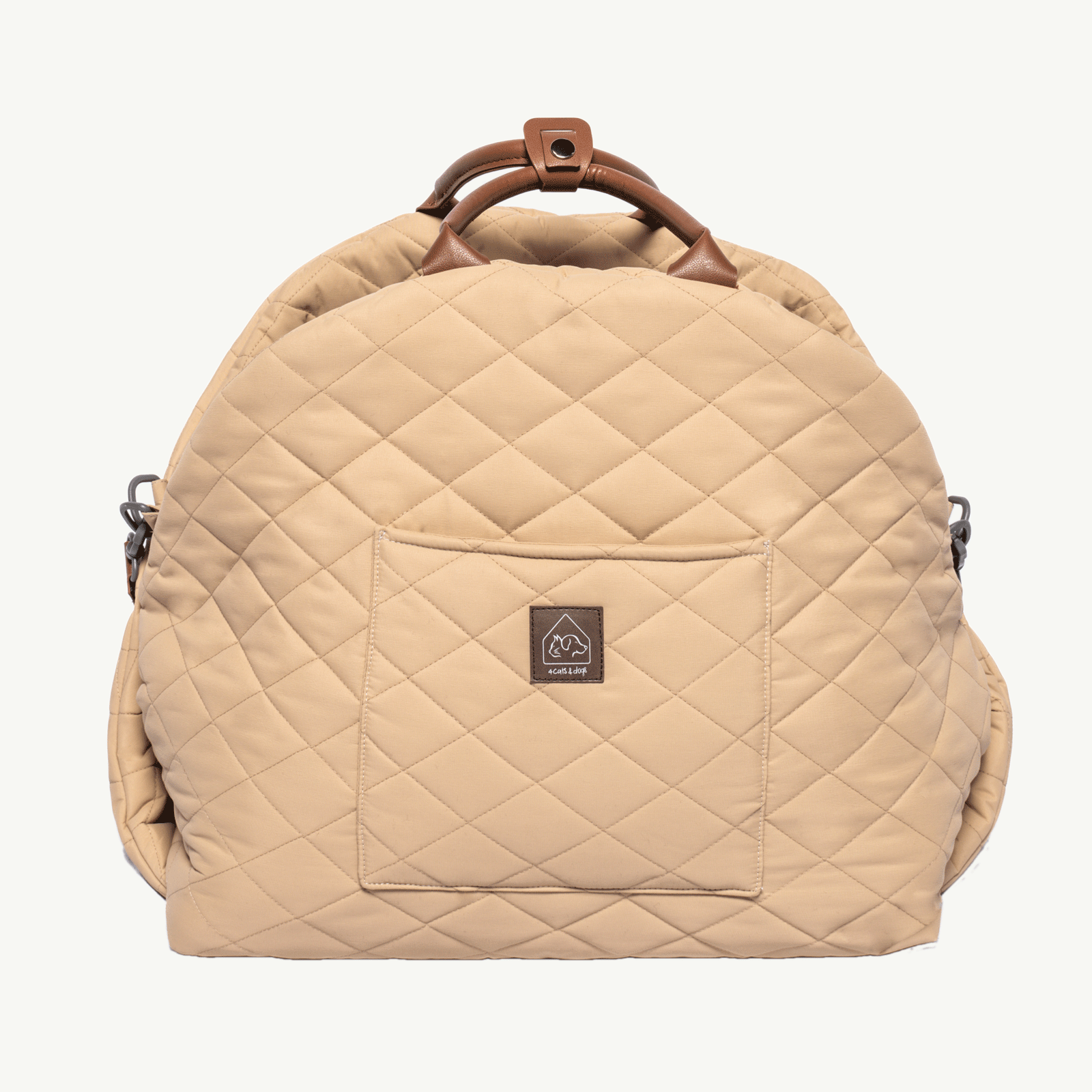 Beige quilted backpack with brown handle on a white background