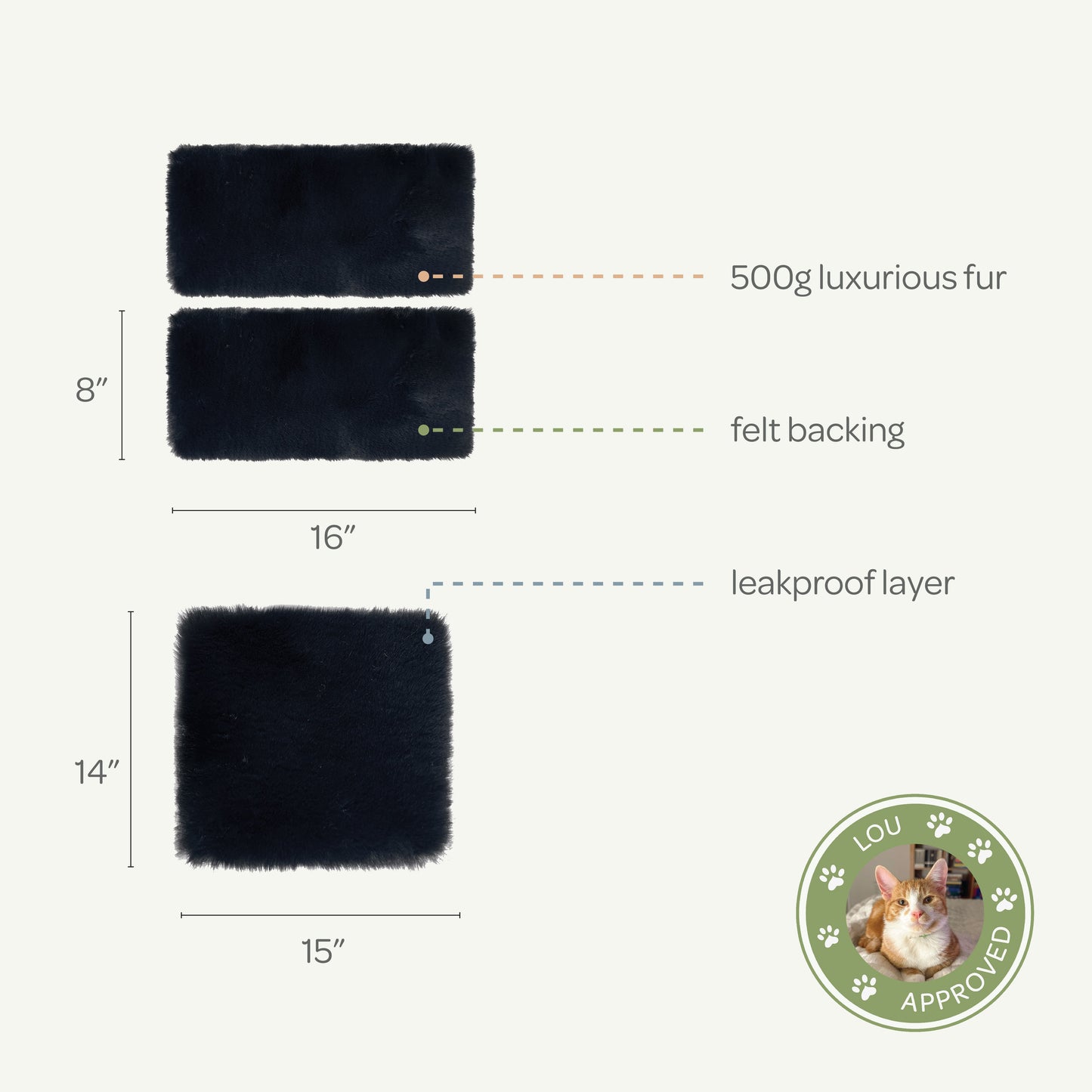 Black fur mat with measurements and features on a white background