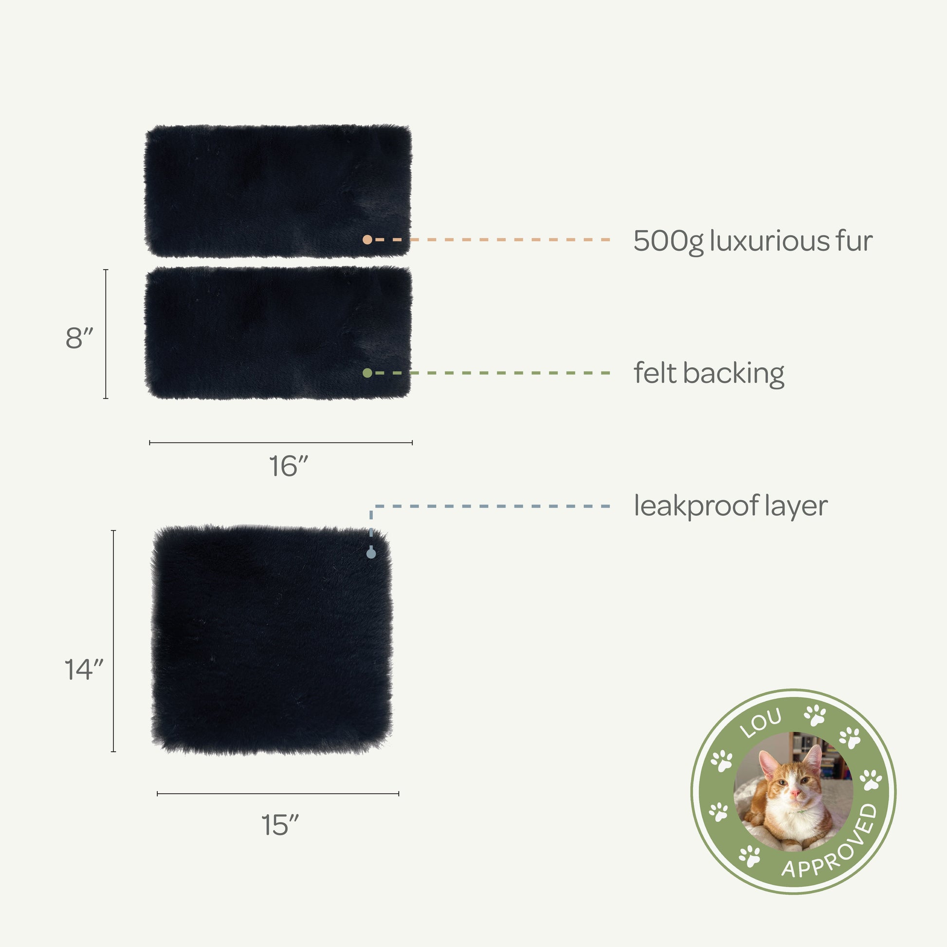 Black fur mat with measurements and features on a white background