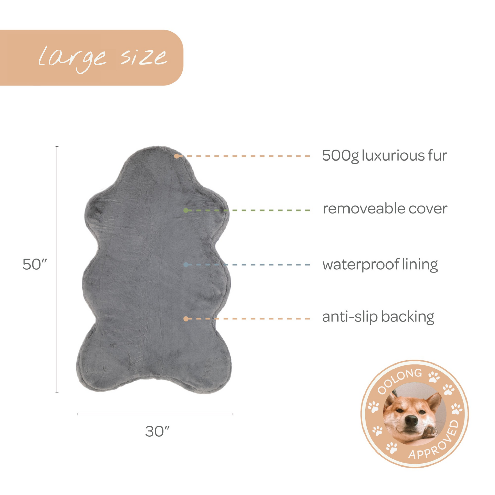 Gray fur rug with product features and size details on a white background