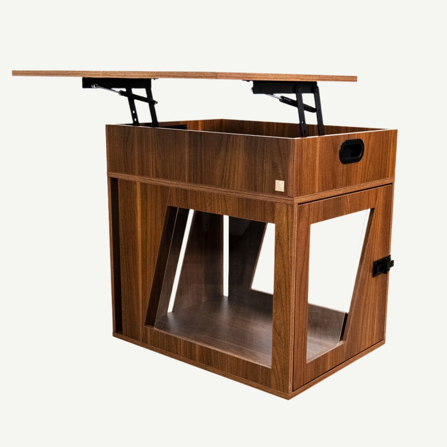 Wooden pet crate with a lift-up top on a white background