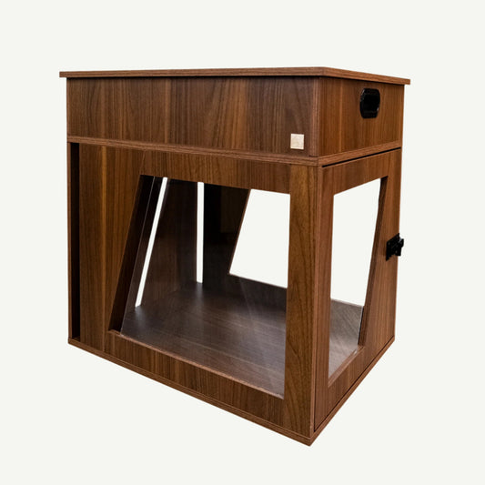 Wooden pet crate with a white background