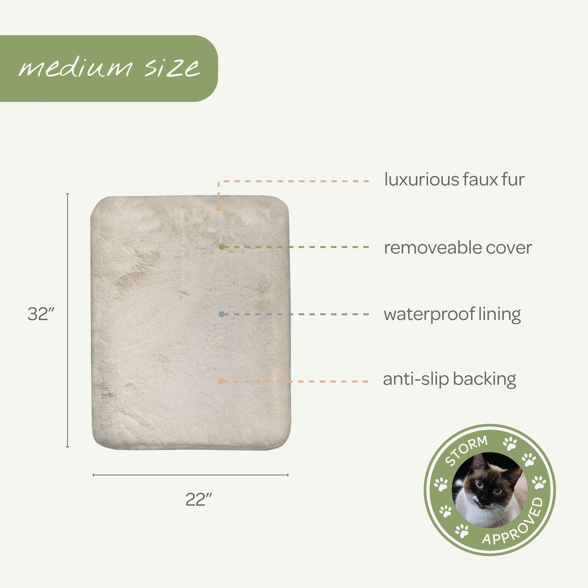 Measurement chart of a medium-sized pet bed with features and dimensions.