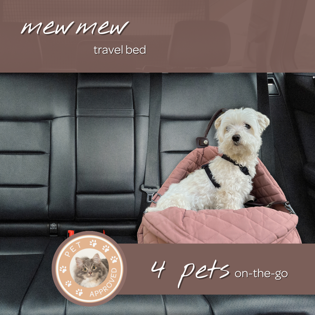 Small white dog sitting in a pink pet travel bed in a car, with 'mew mew' branding.
