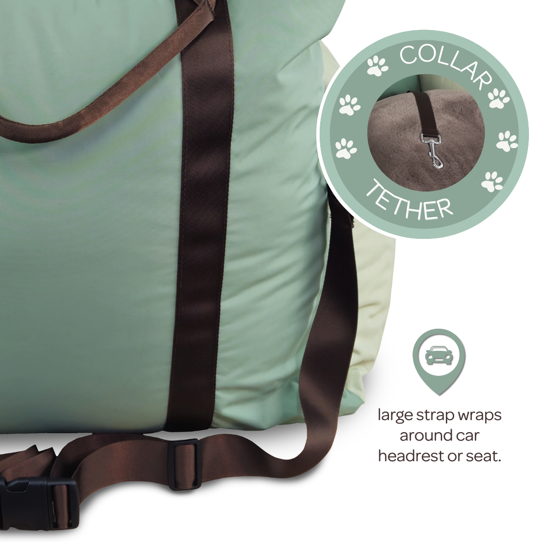 Green bag with a brown strap labeled 'Collar Tether' on a white background