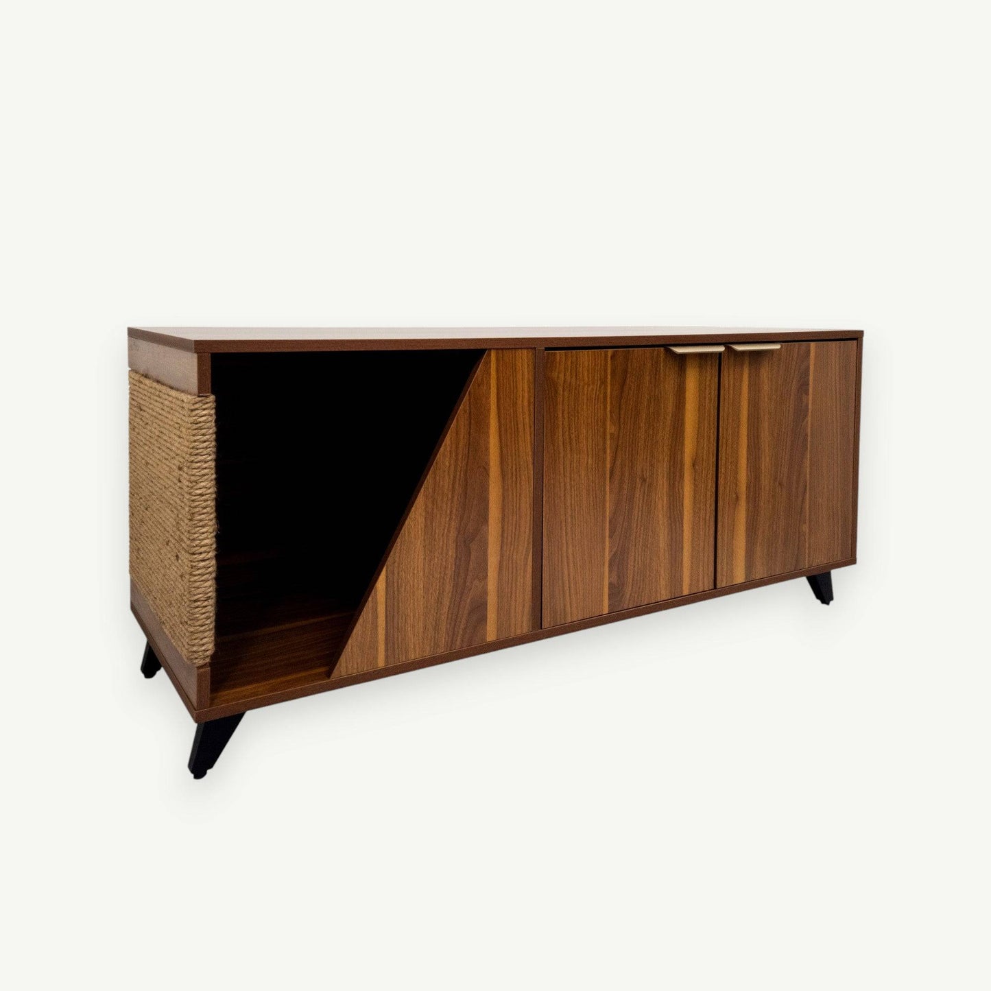 Wooden sideboard with wicker door on a white background