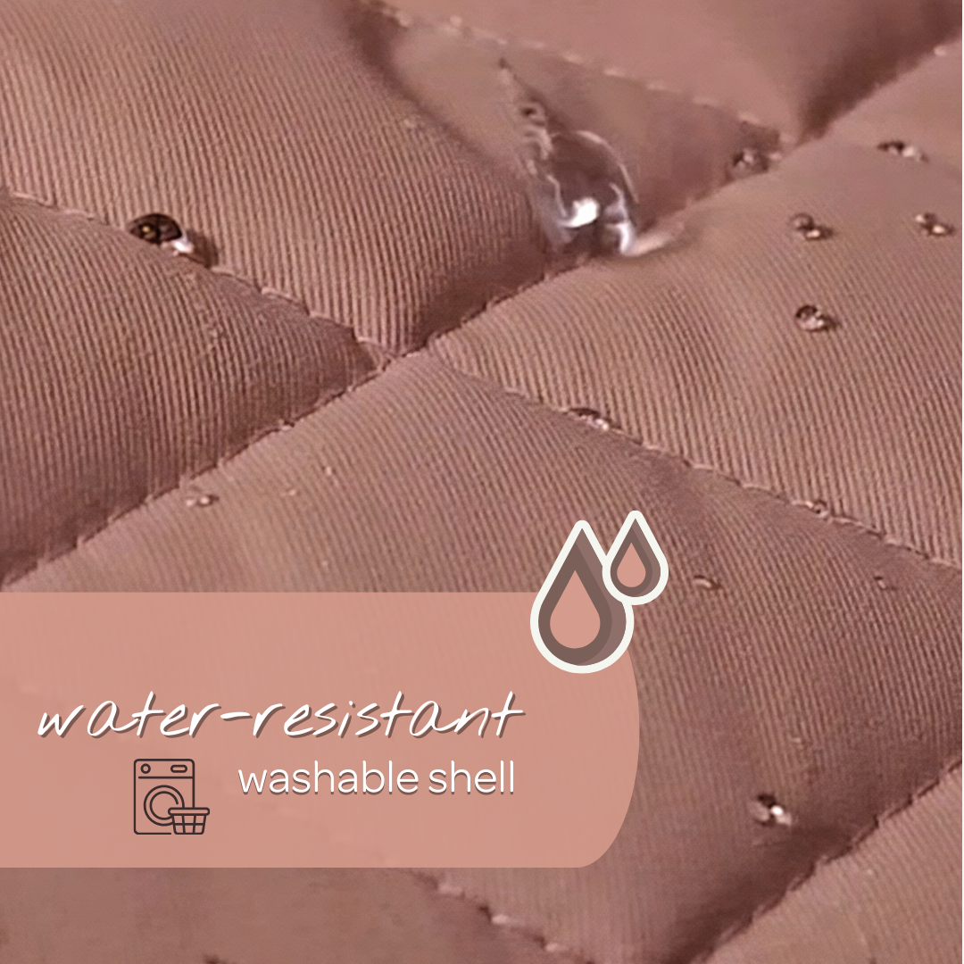 Close-up of a water-resistant fabric with water droplets and text indicating washability.