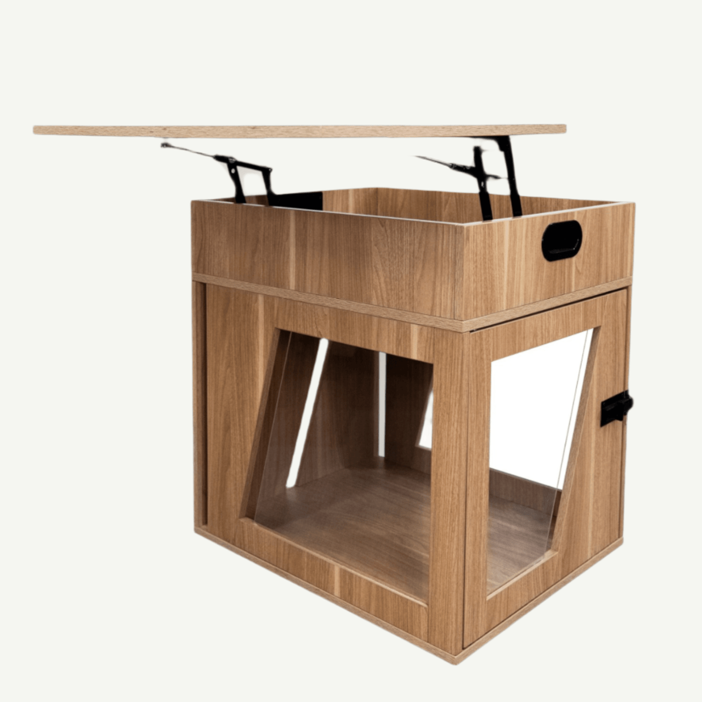 Wooden pet crate with a top platform on a white background