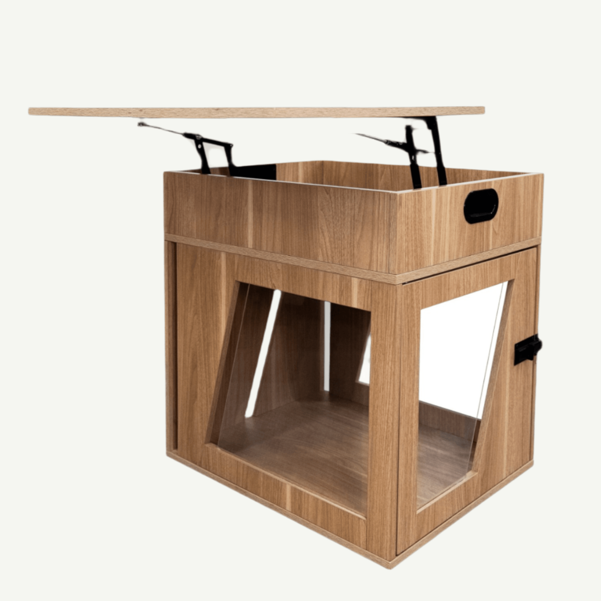 Wooden pet crate with a top platform on a white background
