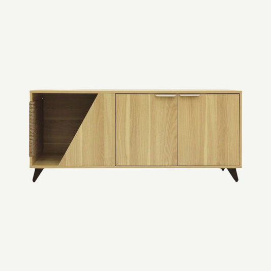 Wooden sideboard with a modern design on a white background