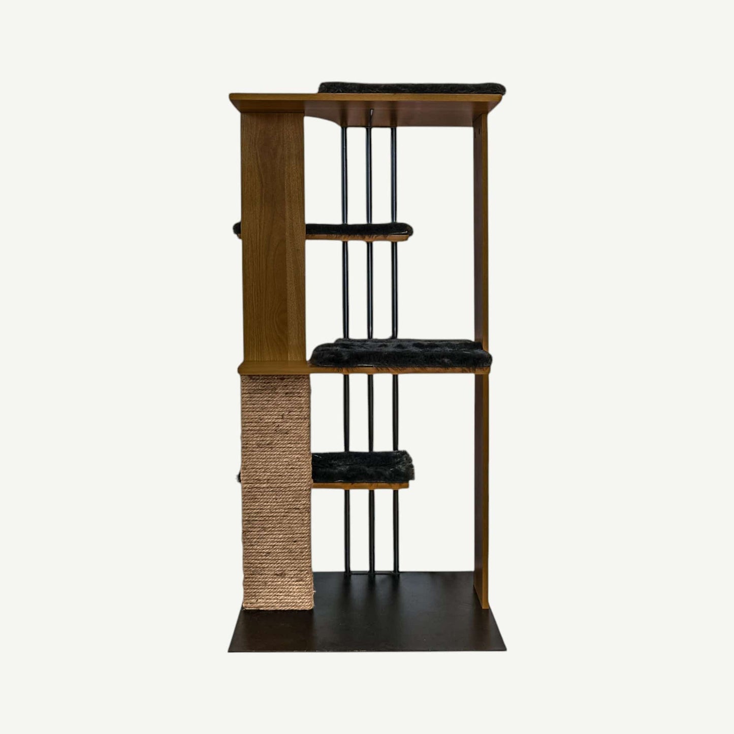 Cat tree with multiple levels and a scratching post on a white background