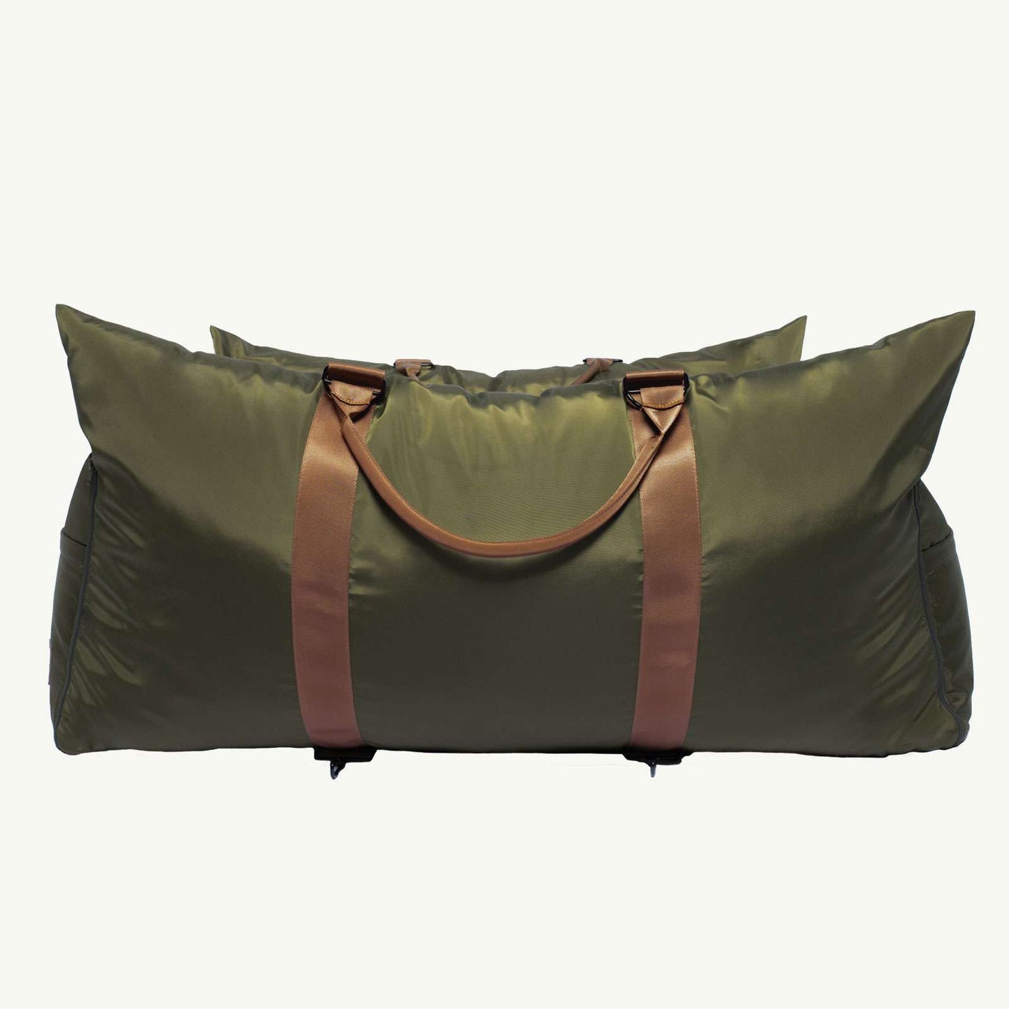 Green travel pet bed bag with brown handles on a white background