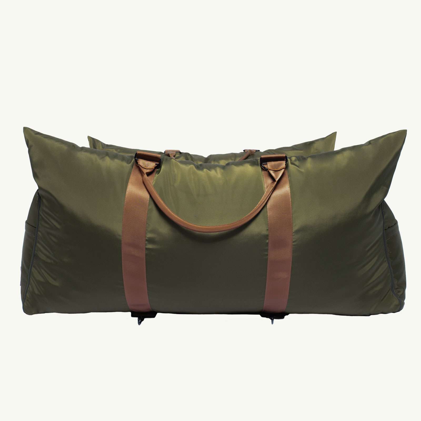 Green travel pet bed bag with brown handles on a white background