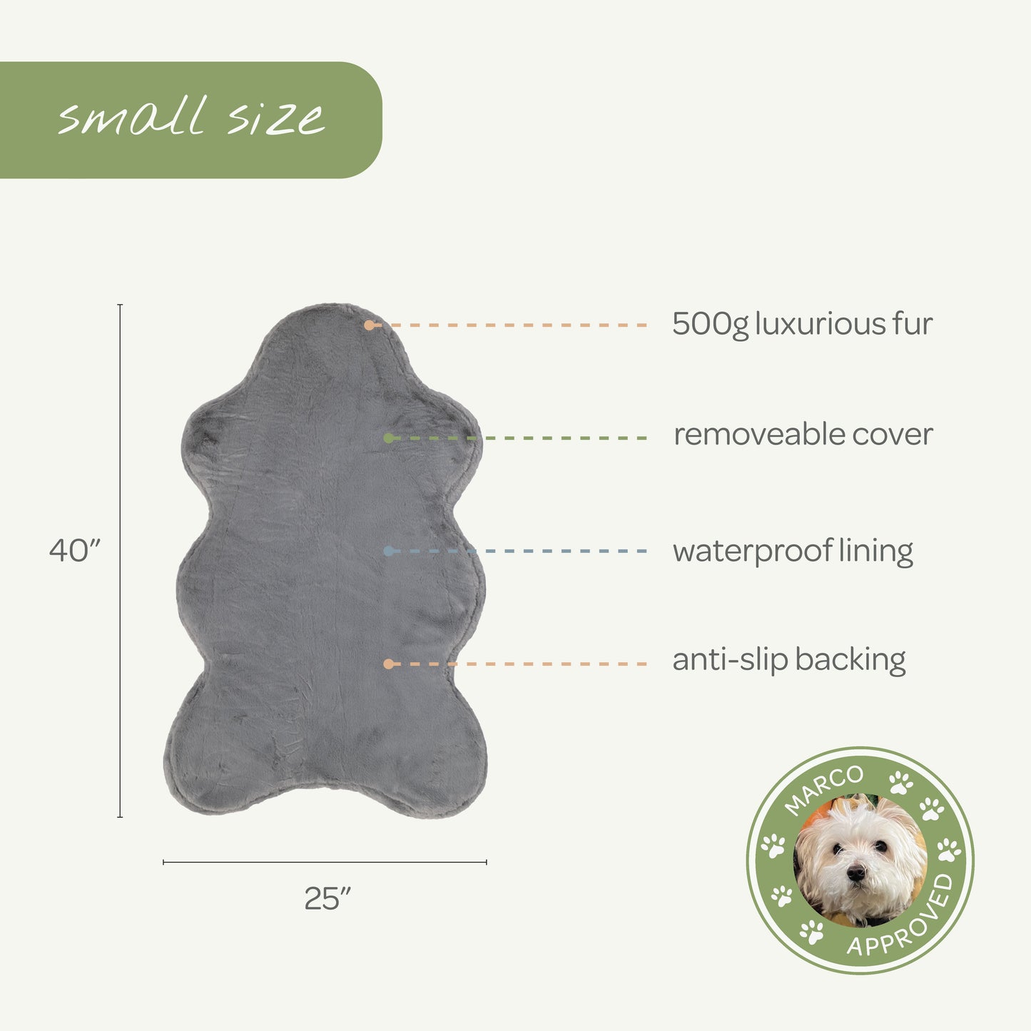 Gray bear-shaped rug with measurements and features on a white background