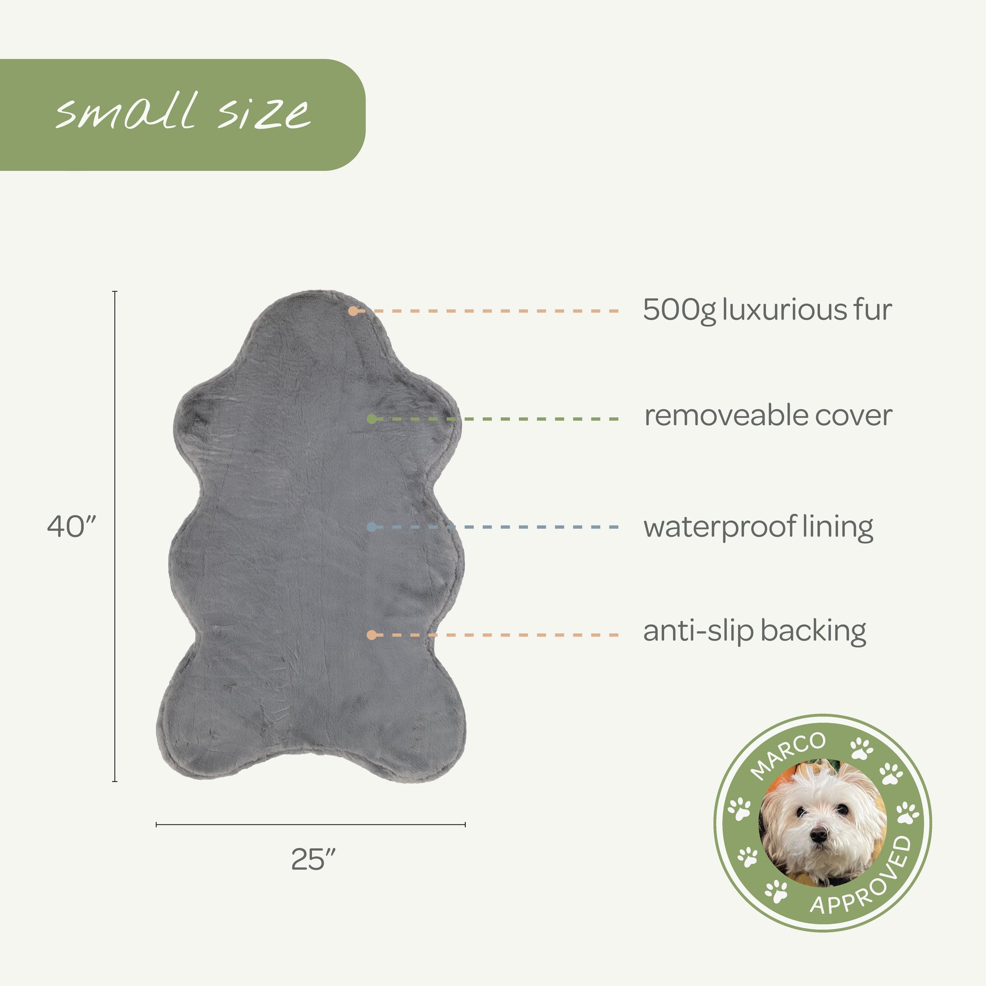 Gray bear-shaped rug with measurements and features on a white background