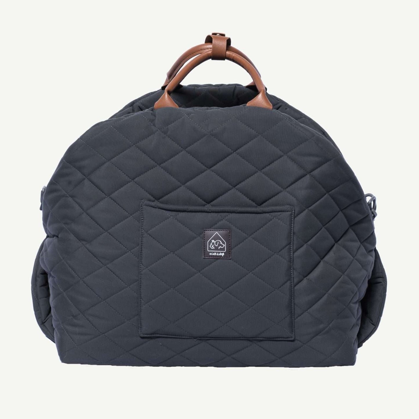 Quilted navy blue backpack with brown handle on a white background