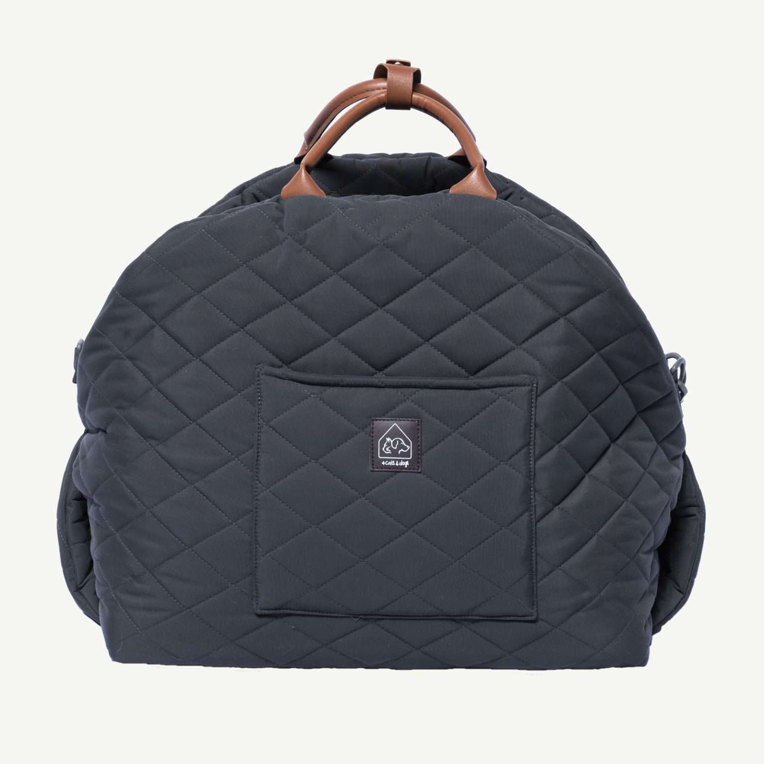 Quilted navy blue backpack with brown handle on a white background