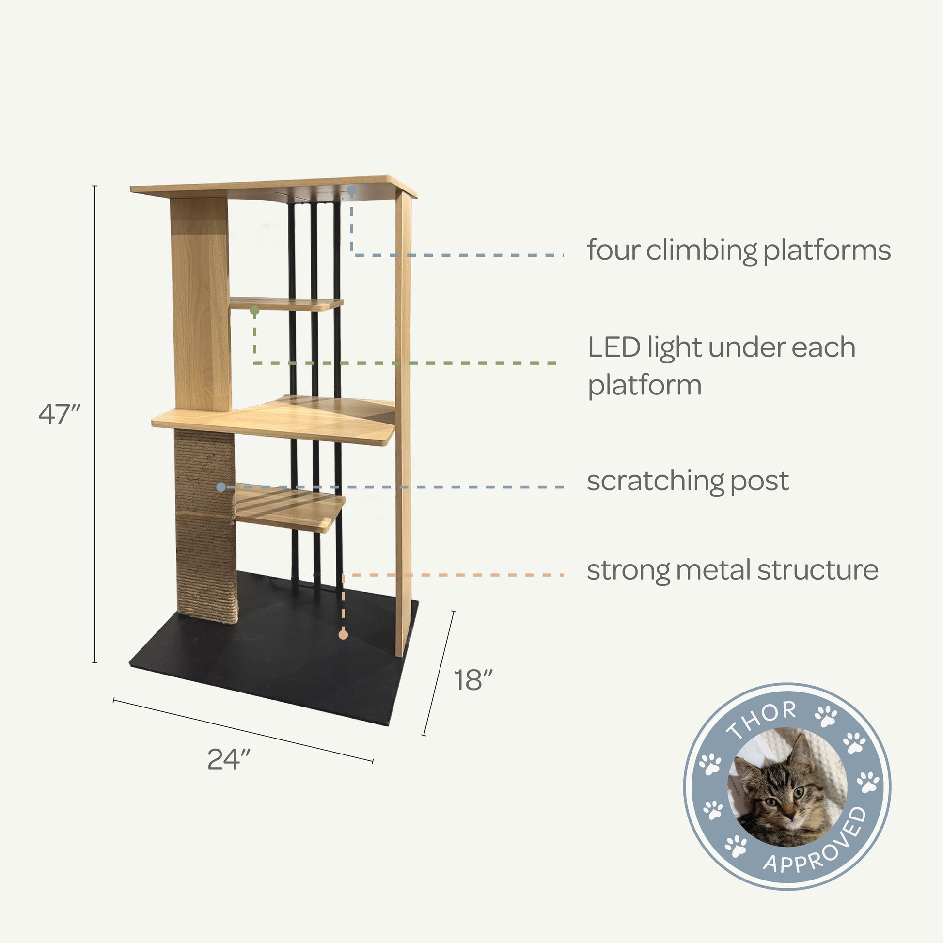 Cat tree with features labeled and dimensions on a white background