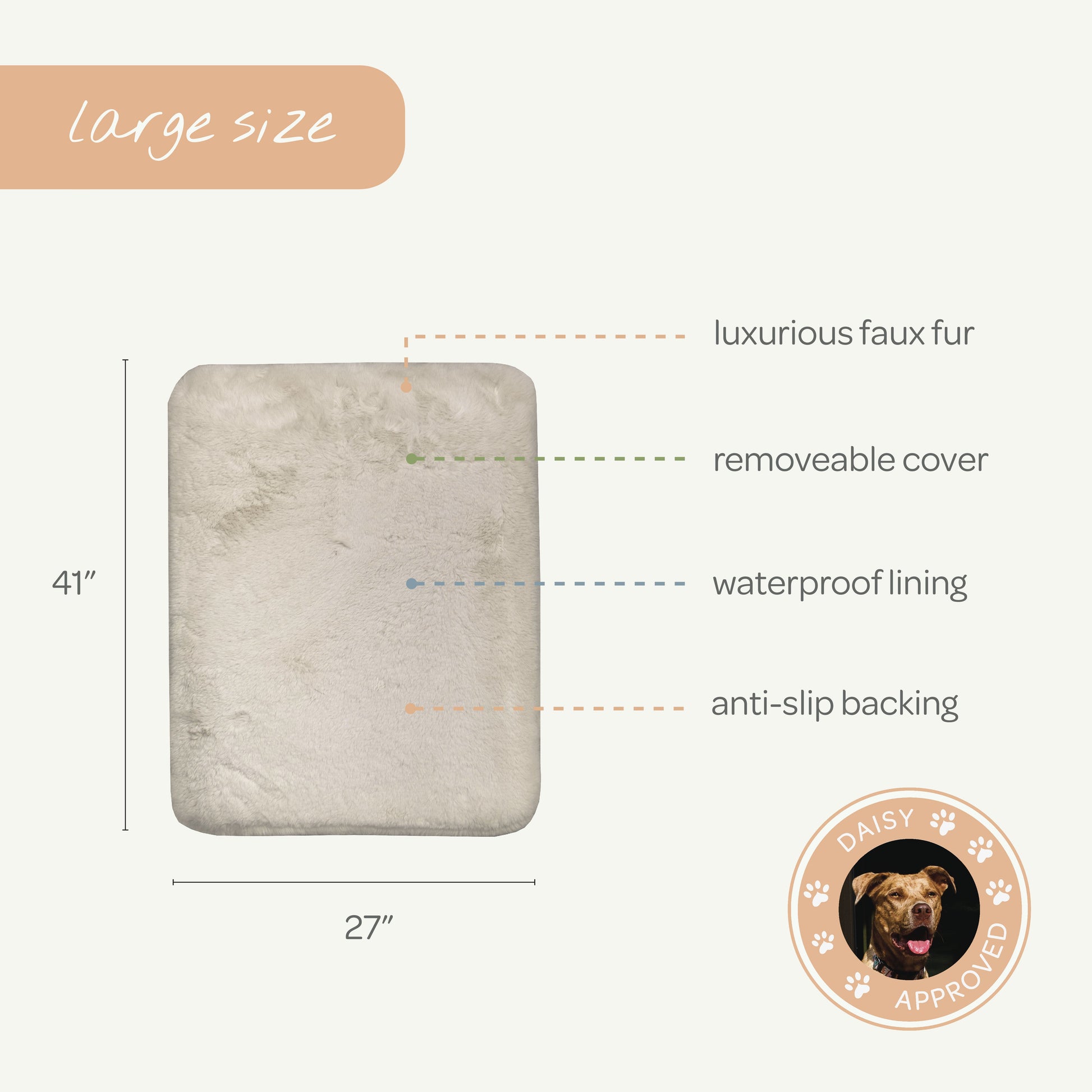 Dog bed with features and dimensions on a white background