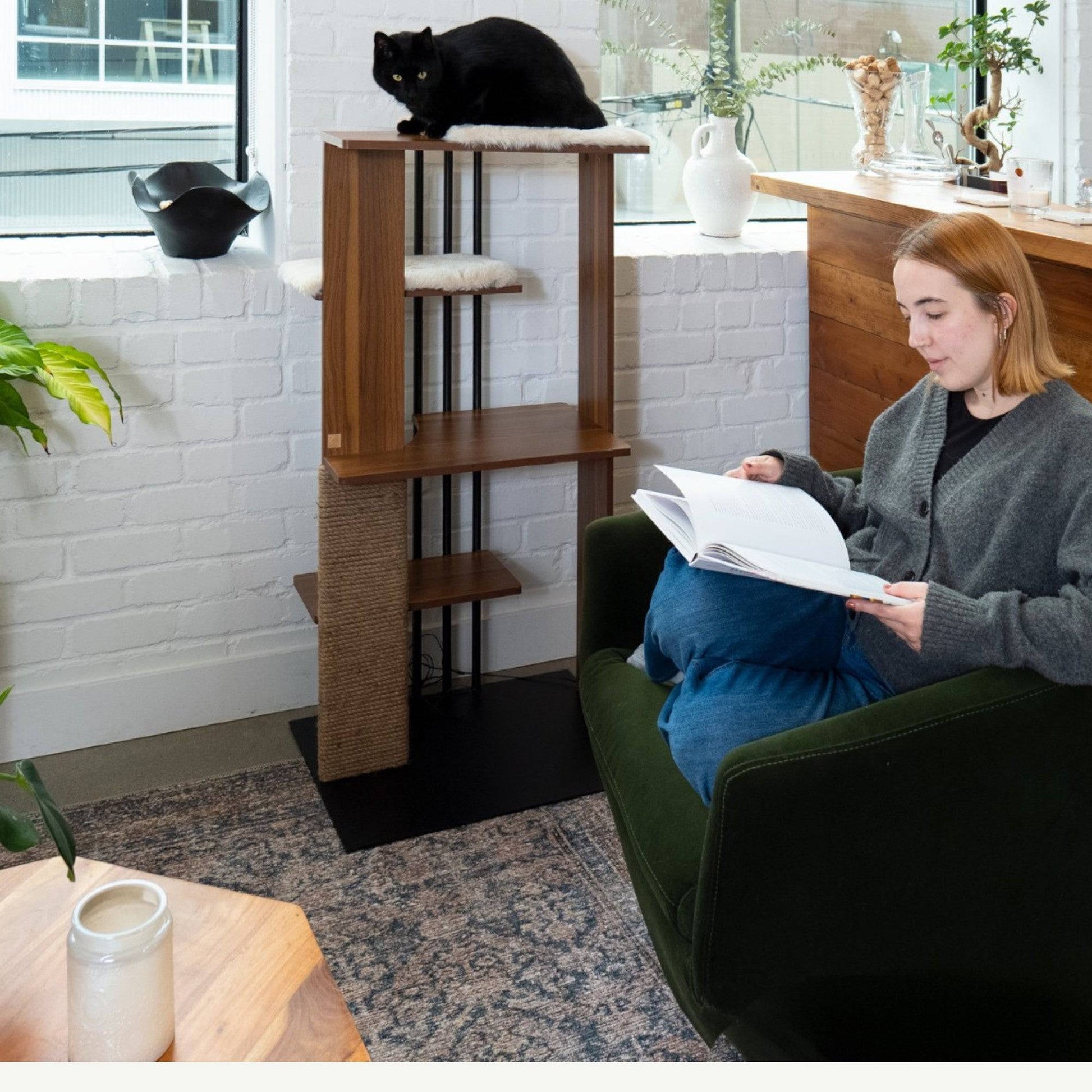 Woman reading a book on a green couch next to a cat tree with a black cat on top, in a modern living room.