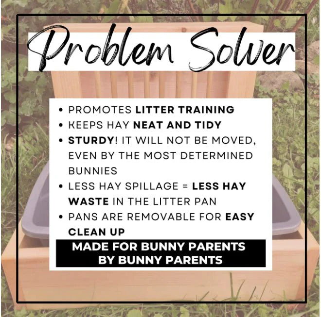 Product packaging for a hay feeder with text highlighting features, set against a natural background.