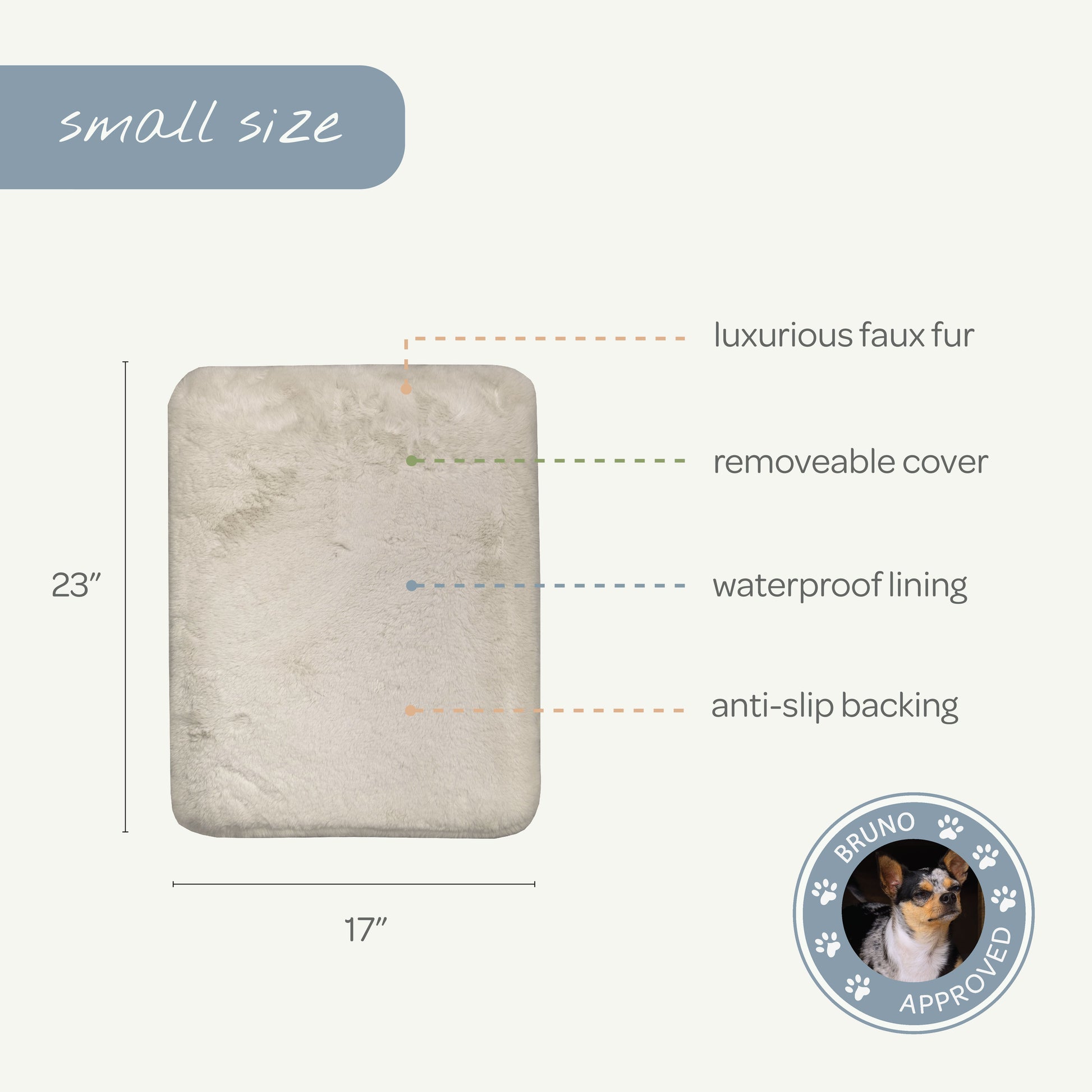 Measurement chart of a small size product with features labeled, including faux fur, waterproof lining, and anti-slip backing.