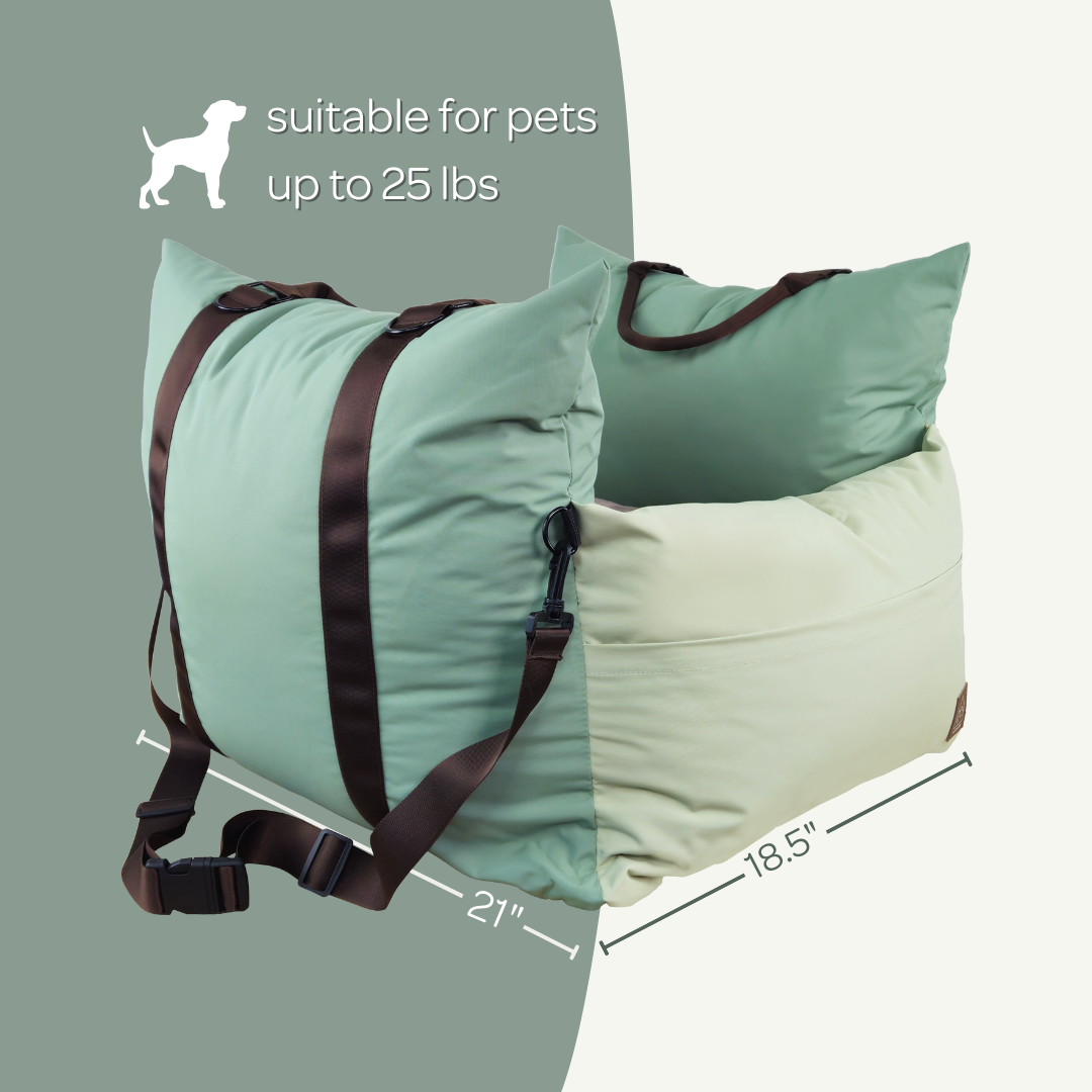 Pet carrier with straps and dimensions on a gray background