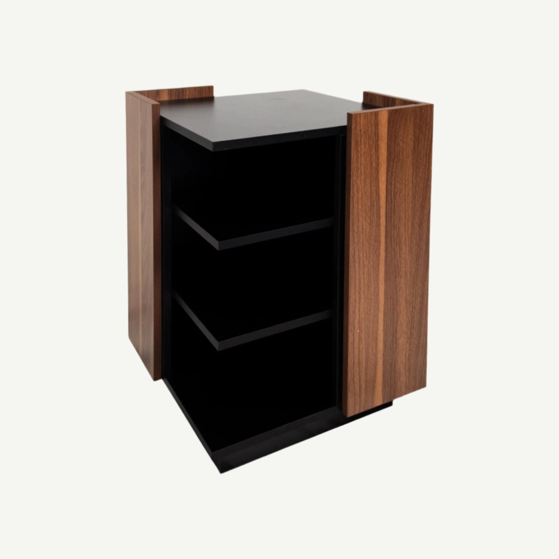 Wooden bookshelf with black shelves on a white background