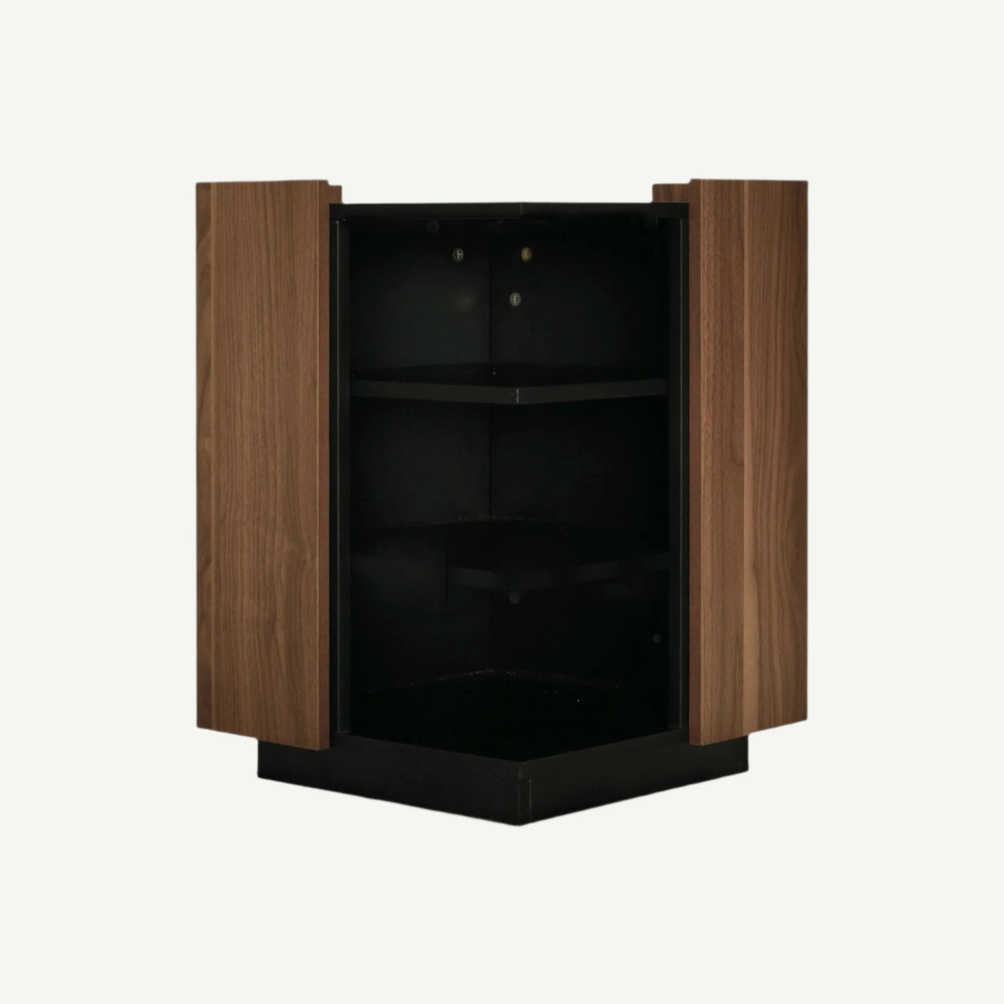 Wooden cabinet with open doors on a white background