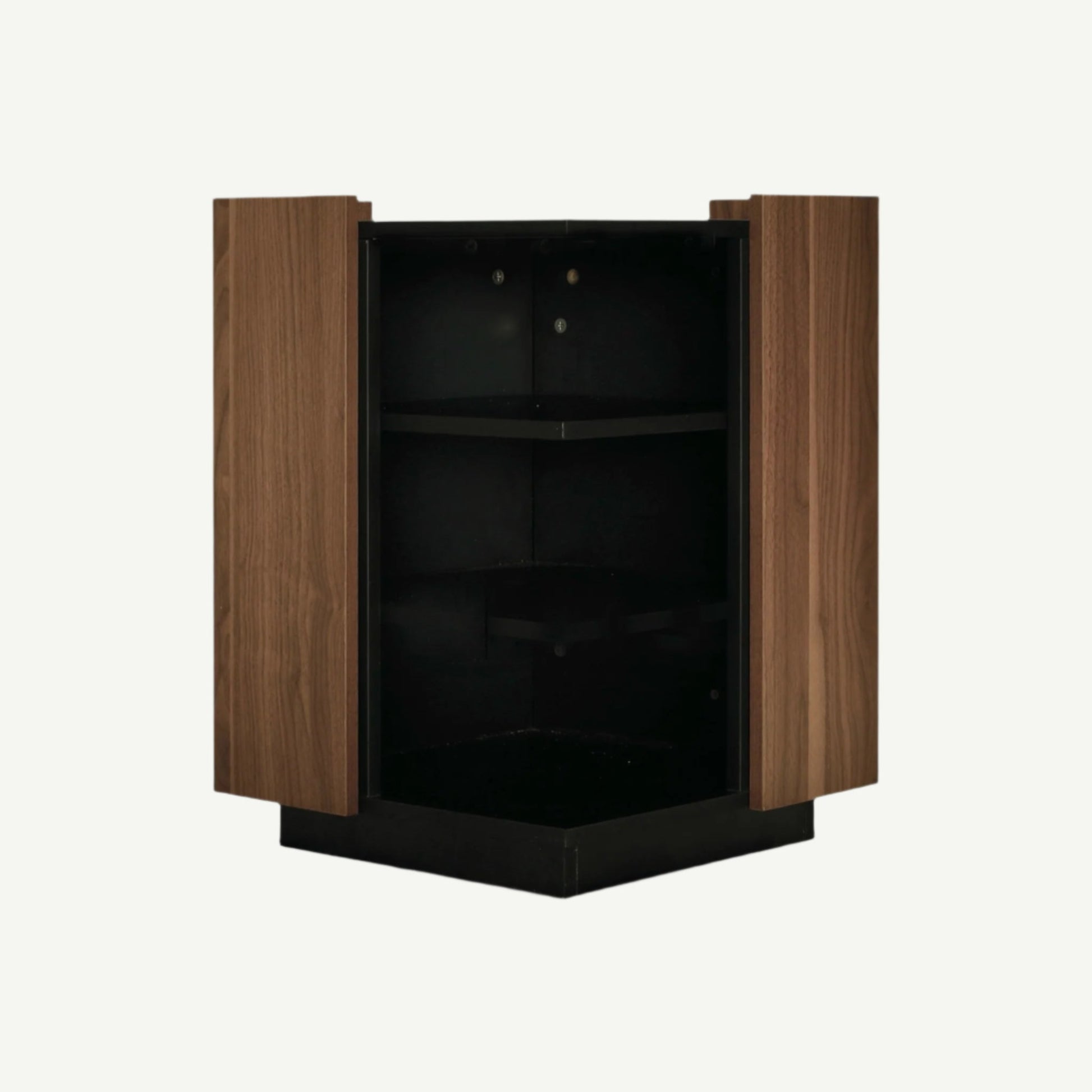 Wooden cabinet with open doors on a white background