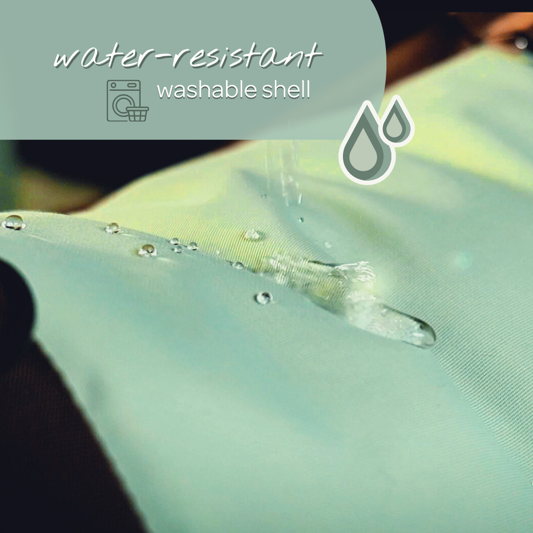 Water droplets on a water-resistant washable shell with text overlay.