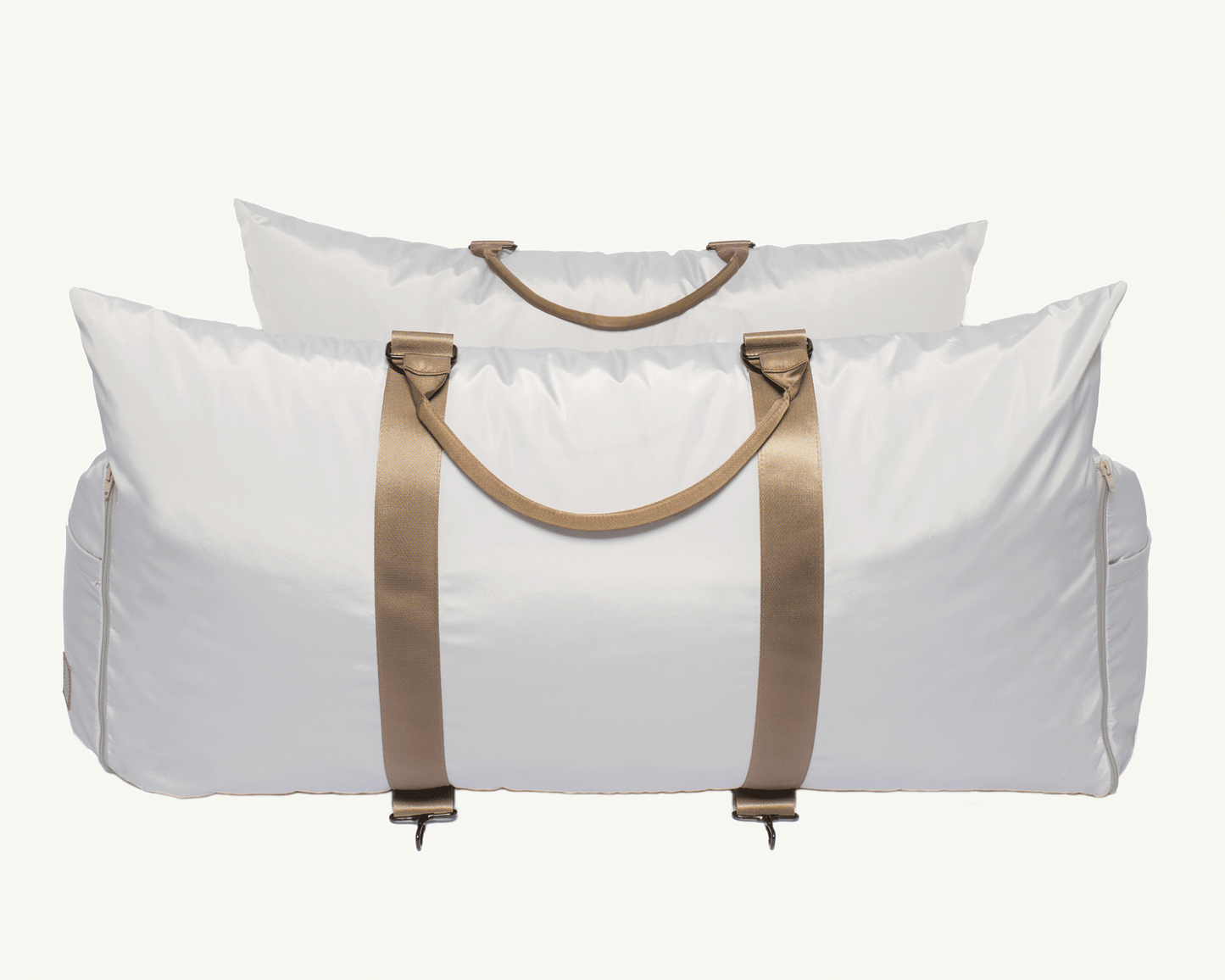 White travel pet bed bag with brown straps on a white background