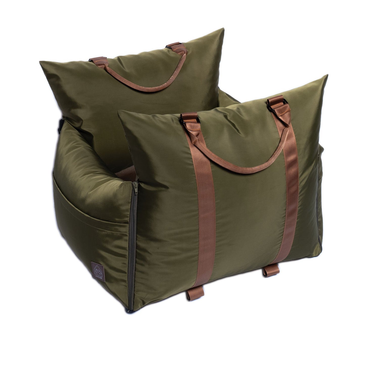 Green plush pet bed with brown straps on a white background
